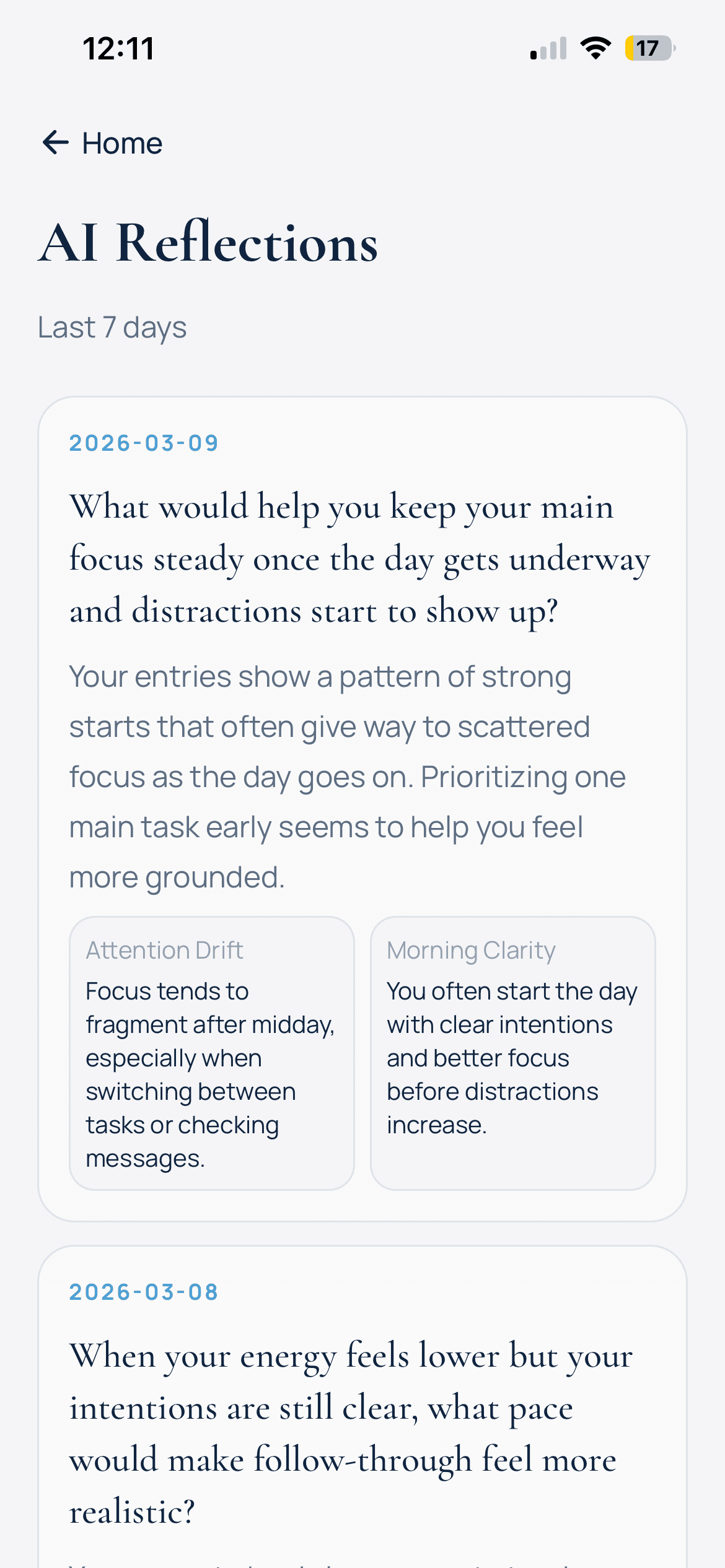 Balu Pro AI reflections screen summarizing patterns across recent check-ins.
