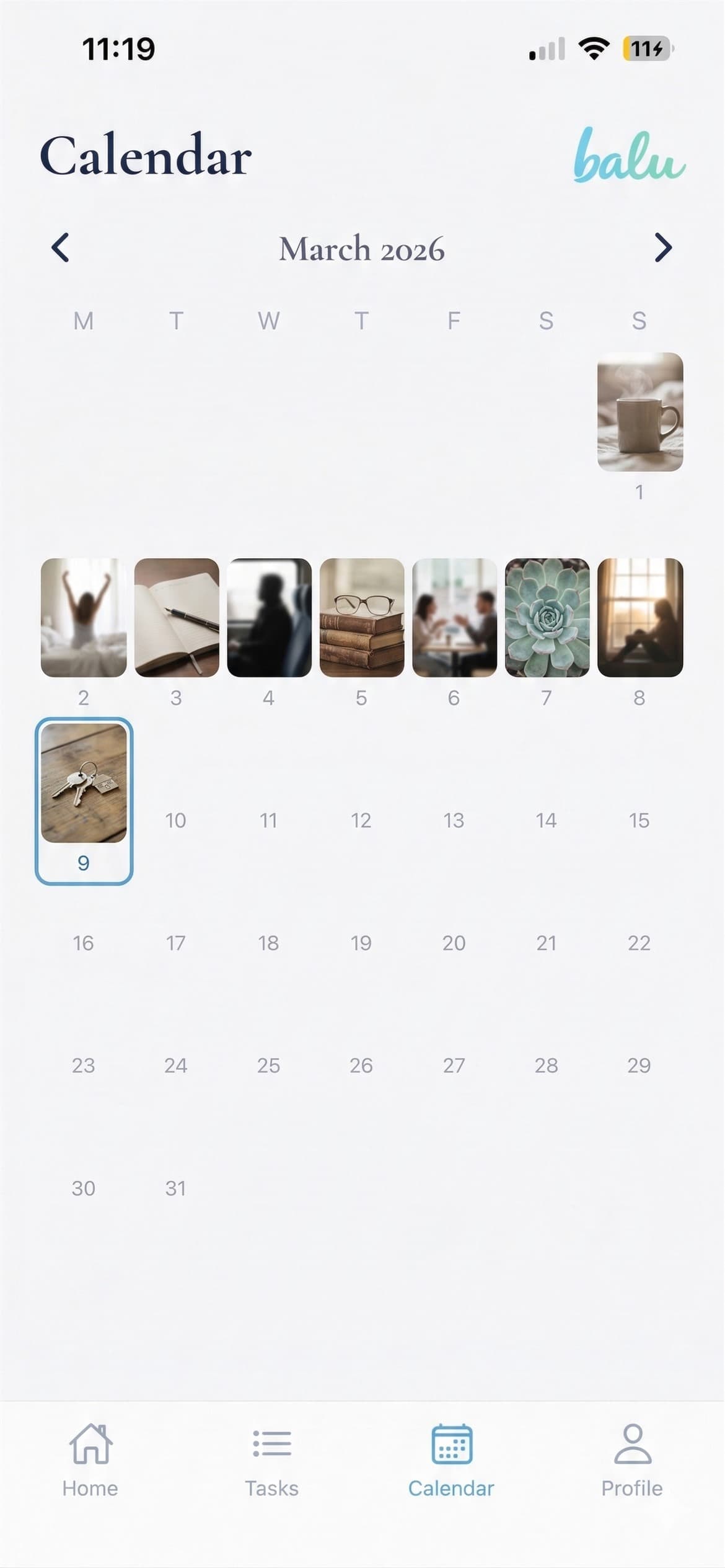 Balu calendar screen with a month view of private check-ins.