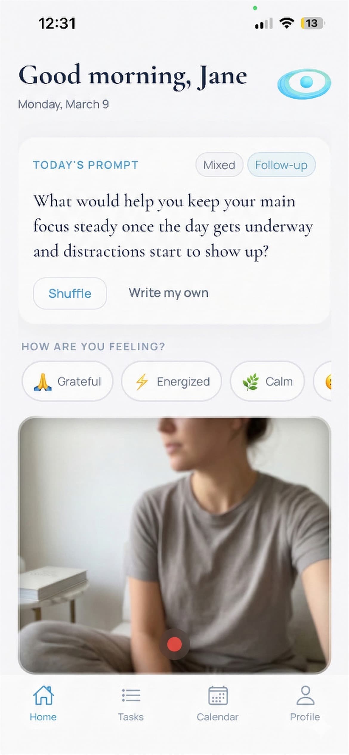 Balu home screen with a guided prompt, mood tags, and a private recording preview.